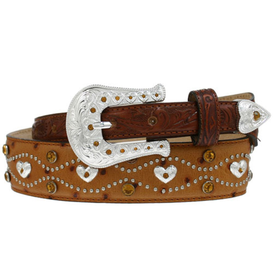 Amarillo Heart Studded Leather Belt with Crystal Embellishments