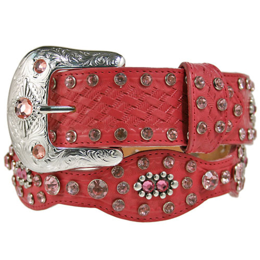 Crystal Embellished Scallop Leather Belt with Studs