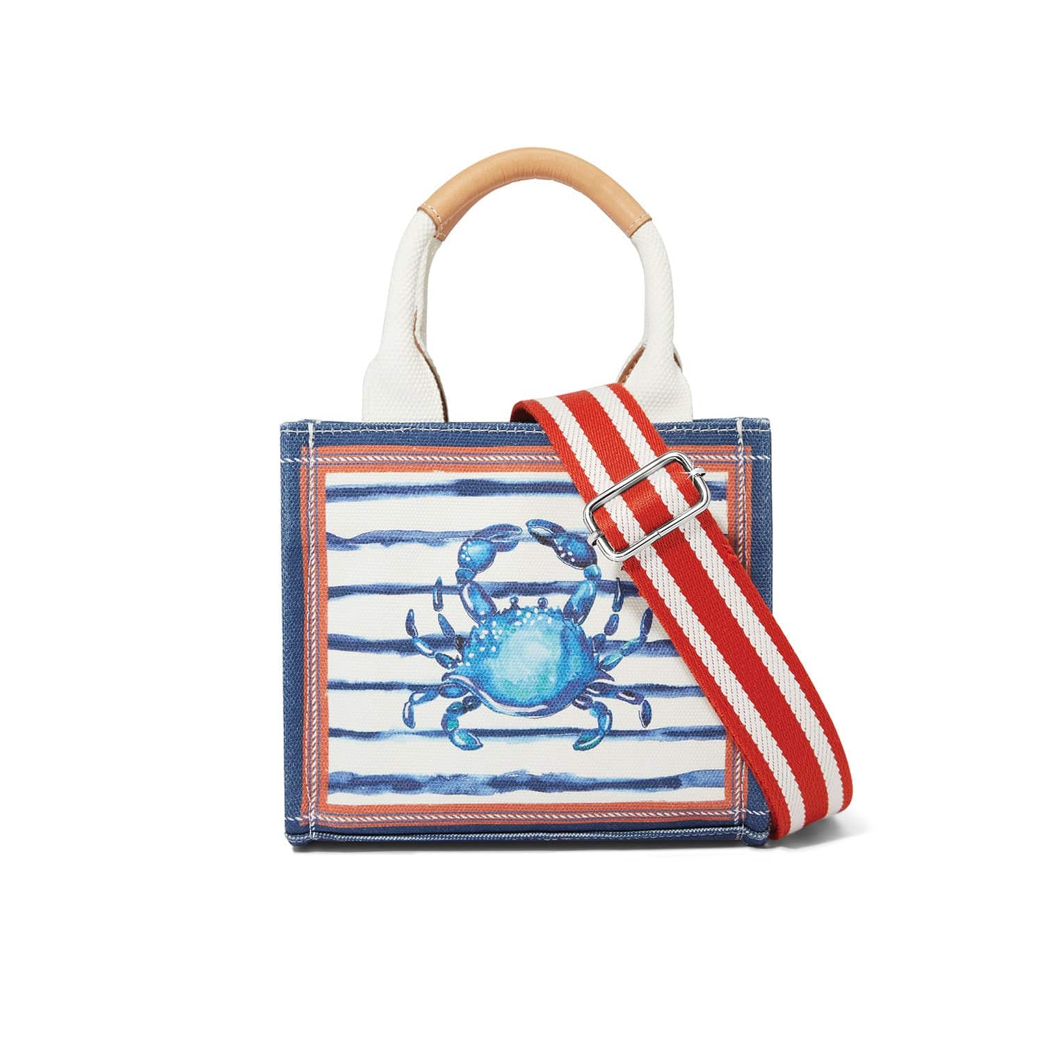 Ahoy Matey Blue Crab Mini Tote Bag - Watercolor Stripe Design