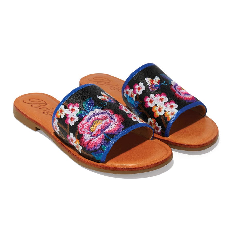 Akira Embroidered Leather Slide Sandals with Cherry Blossoms