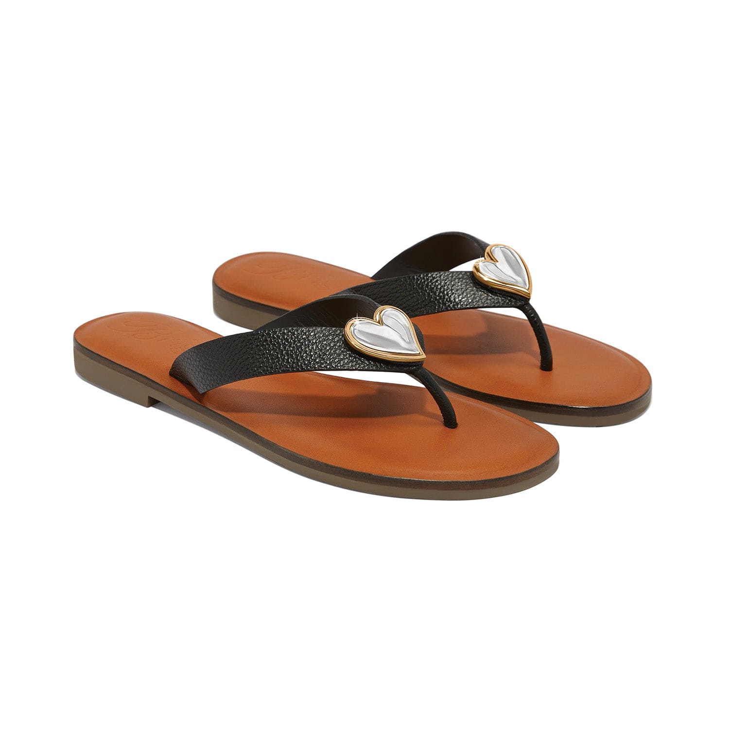 Amigo Black Italian Leather Flat Thongs with Heart Ornamentation