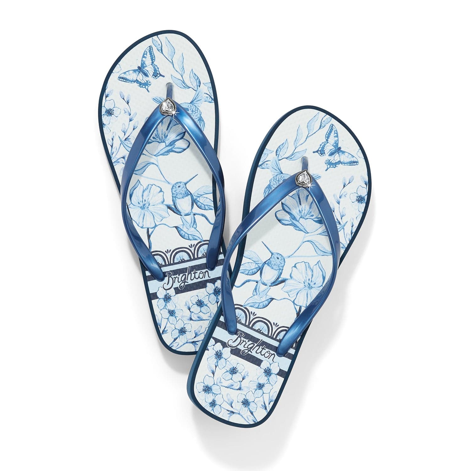 Blue & White Birdie Platform Flip Flops with Crystal Detail