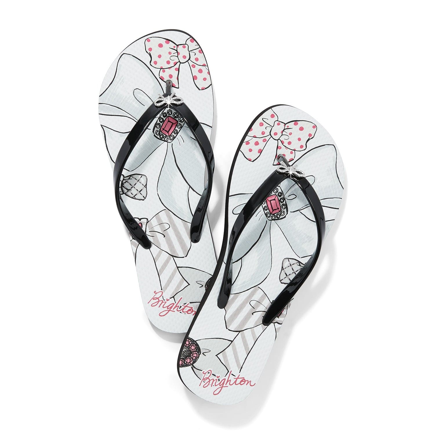 Boheme Crystal Bow Flip Flops with Hand-Drawn Print