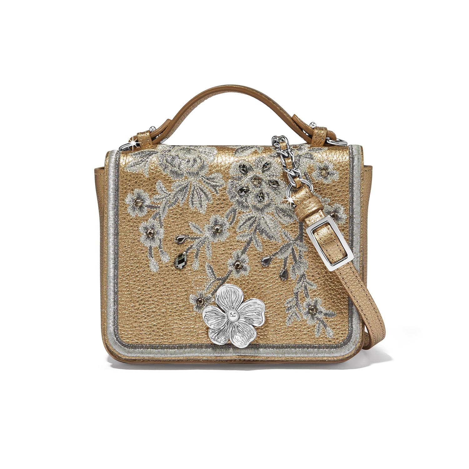 Essie Gold Leather Flap Bag with Floral Embroidery & Chain Strap
