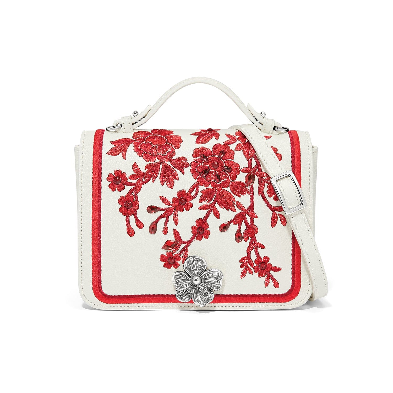 Everbloom Ruby Essie Embroidered Leather Flap Bag with Chain Strap