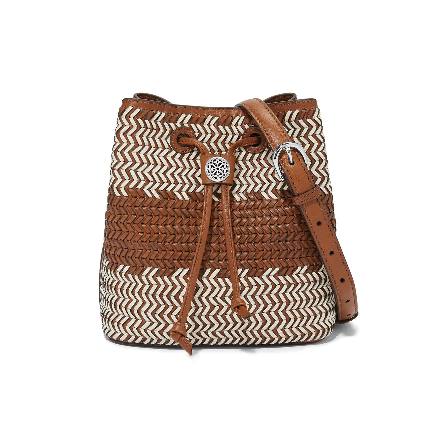Ferrara Cassia Brown & White Woven Bucket Bag with Adjustable Strap