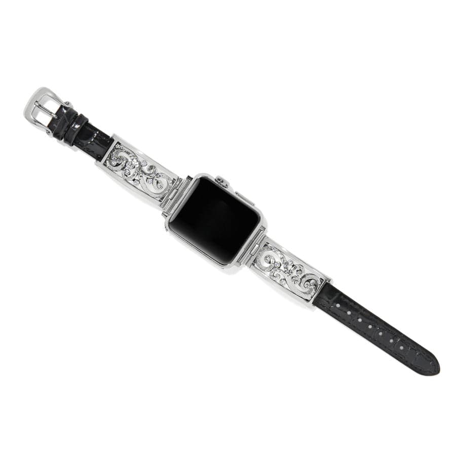 Black Croco-Embossed Leather Watch Band with Scroll Design