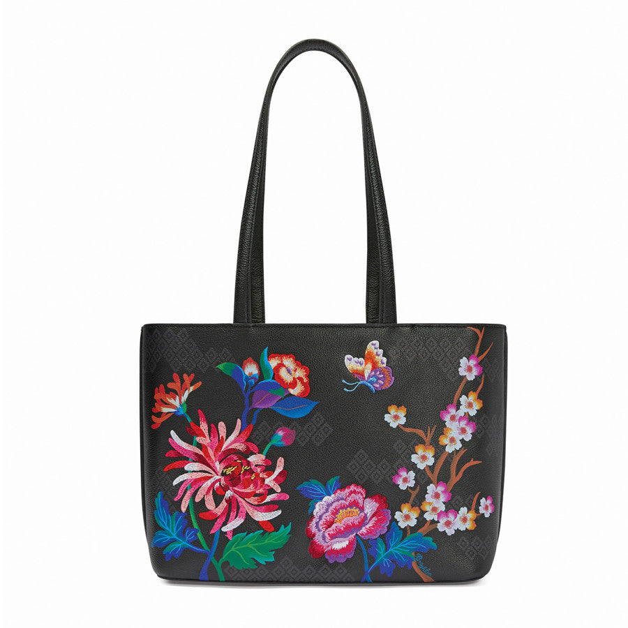 Kyoto Hana Embroidered Leather Tote - Floral Design