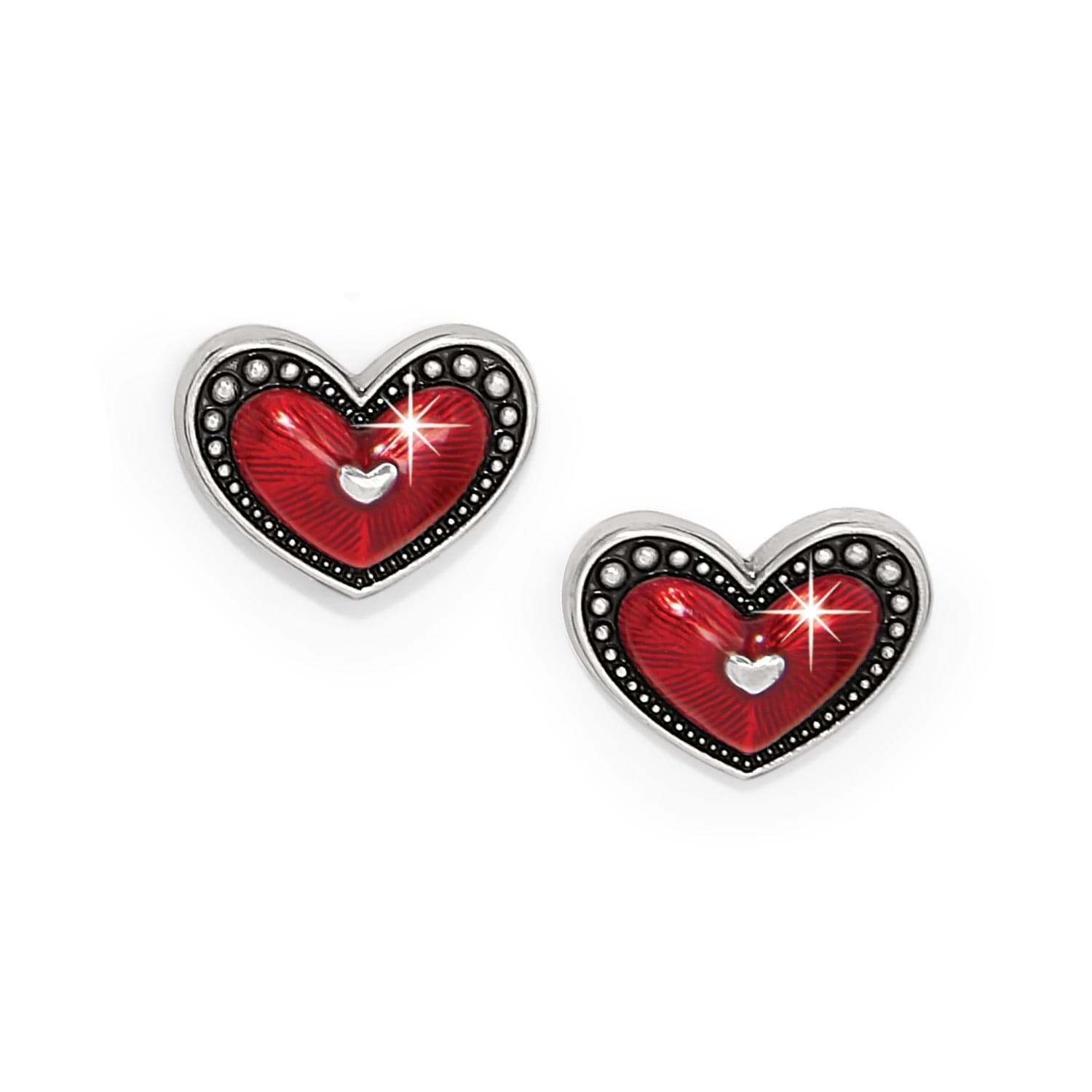 Ruby Red Heart Post Earrings with Silver Accents