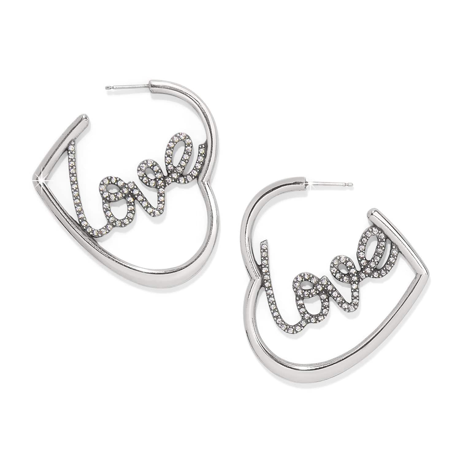 Sparkling Love Script Hoop Earrings with Pave Crystals
