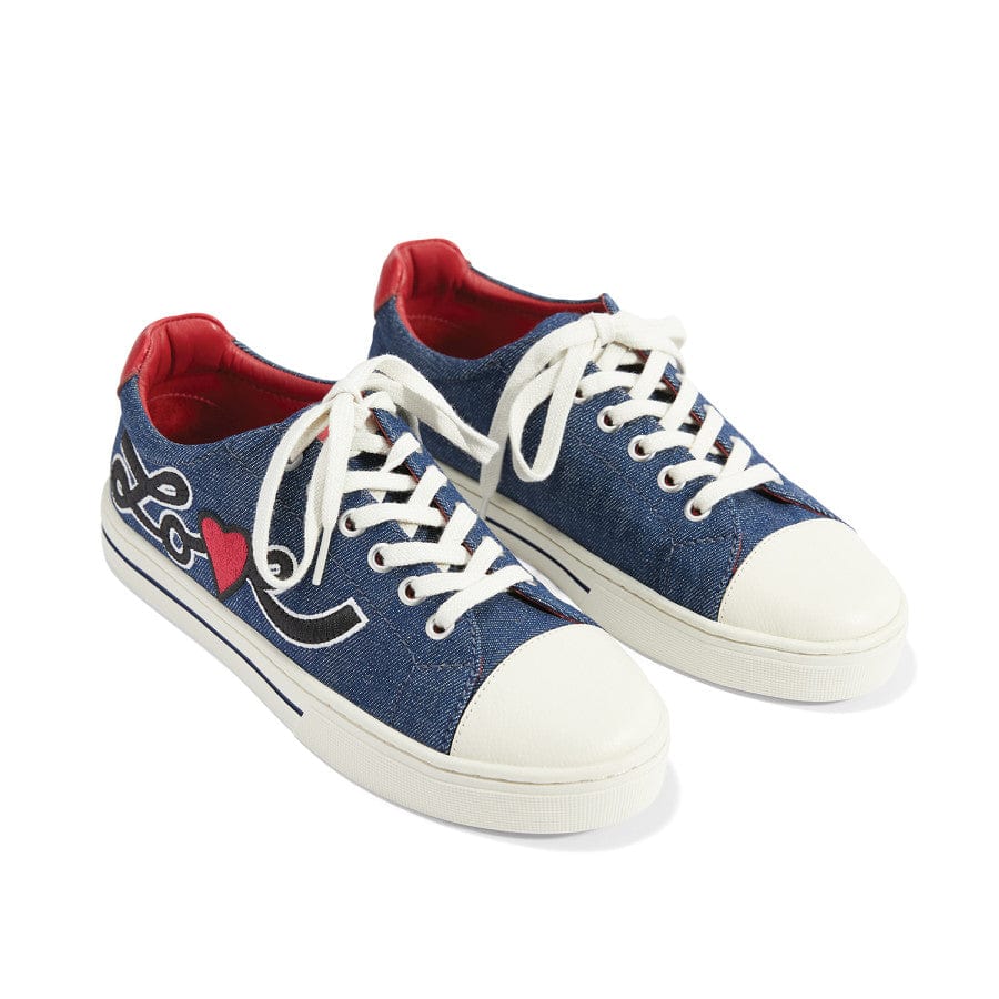 Love U Embroidered Denim Sneakers with Leather Heart Appliques