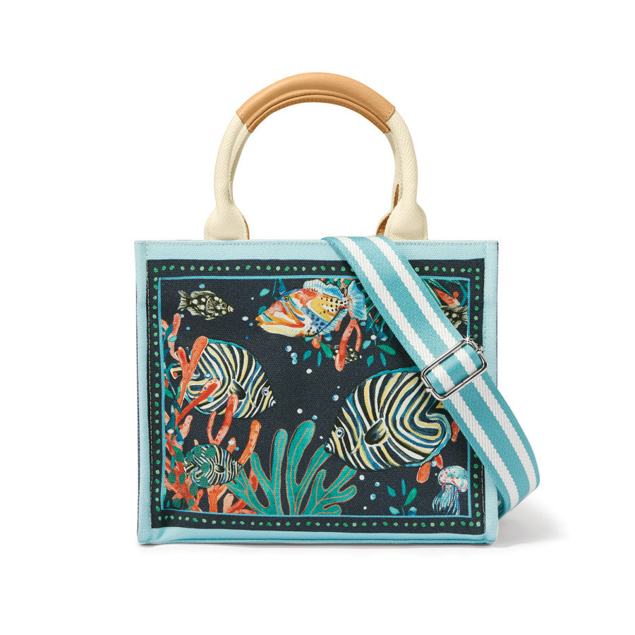 Seascape Tote Bag with Tropical Fish Design & Leather Handles