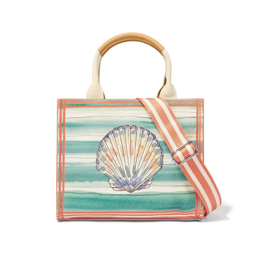 Seashell Print Cotton Canvas Tote Bag with Leather Trim