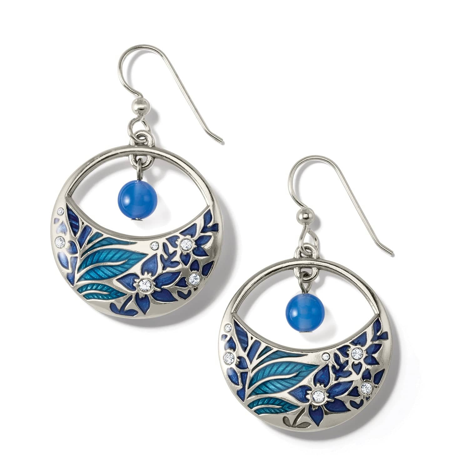 Handcrafted Blue Agate French Wire Earrings with Enamel Leaves